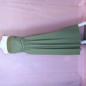 Army Green Strapless Tube Jersey Knit Ruched Bodice Stretchy Maxi Dress